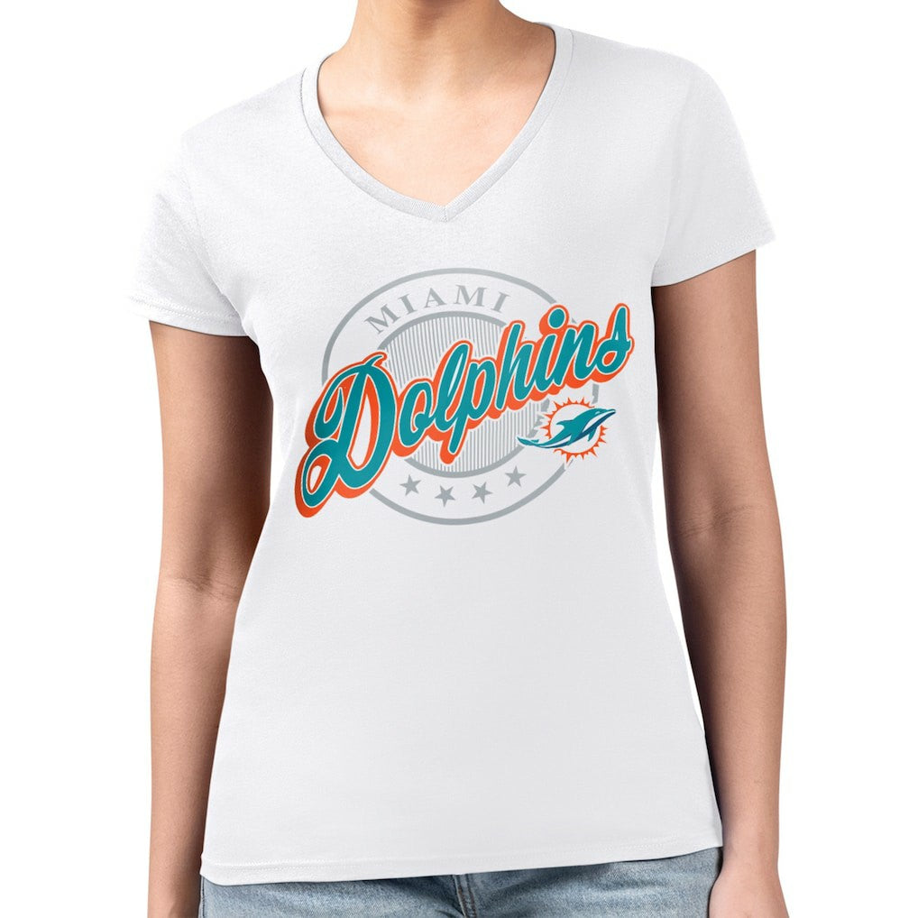 Miami Dolphins G-III 4Her by Carl Banks Women's Super-Slim Fit Lightweight Pinstripe Circle V-Neck T-Shirt White | NFL