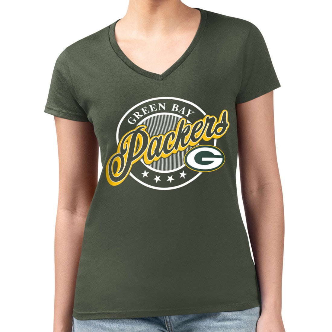 Green Bay Packers G-III 4Her by Carl Banks Women's Super-Slim Fit Lightweight Pinstripe Circle V-Neck T-Shirt Green | NFL