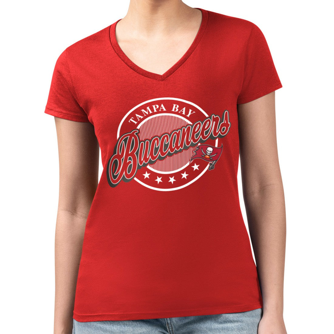 Tampa Bay Buccaneers G-III 4Her by Carl Banks Women's Super-Slim Fit Lightweight Pinstripe Circle V-Neck T-Shirt Red | NFL