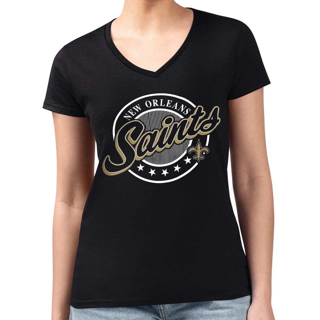 New Orleans Saints G-III 4Her by Carl Banks Women's Super-Slim Fit Lightweight Pinstripe Circle V-Neck T-Shirt Black | NFL