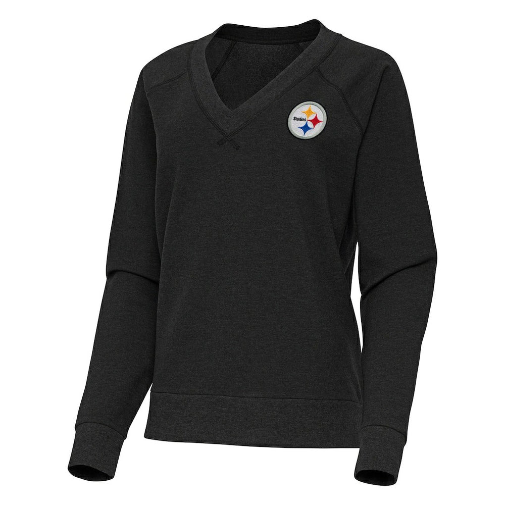 Pittsburgh Steelers Antigua Women's Varsity Tri-Blend V-Neck Long Sleeve T-Shirt Heather Black | NFL