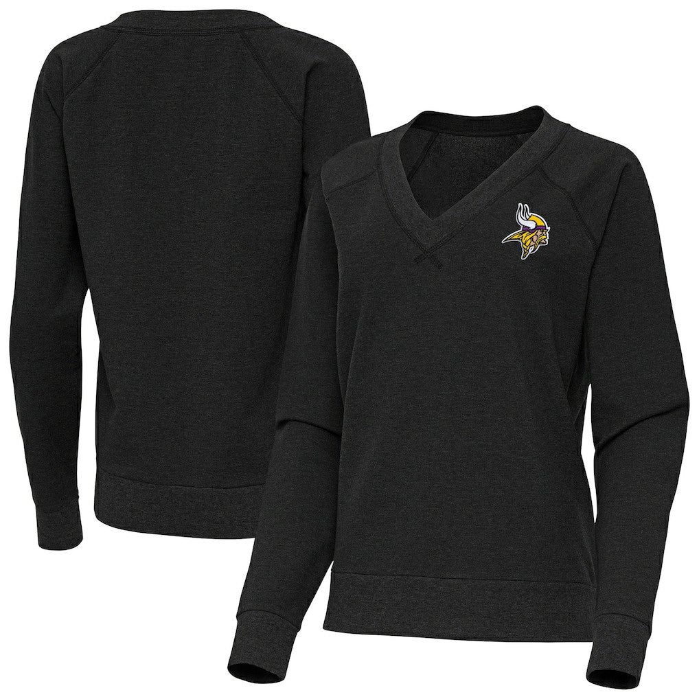 Minnesota Vikings Antigua Women's Varsity Tri-Blend V-Neck Long Sleeve T-Shirt Heather Black | NFL