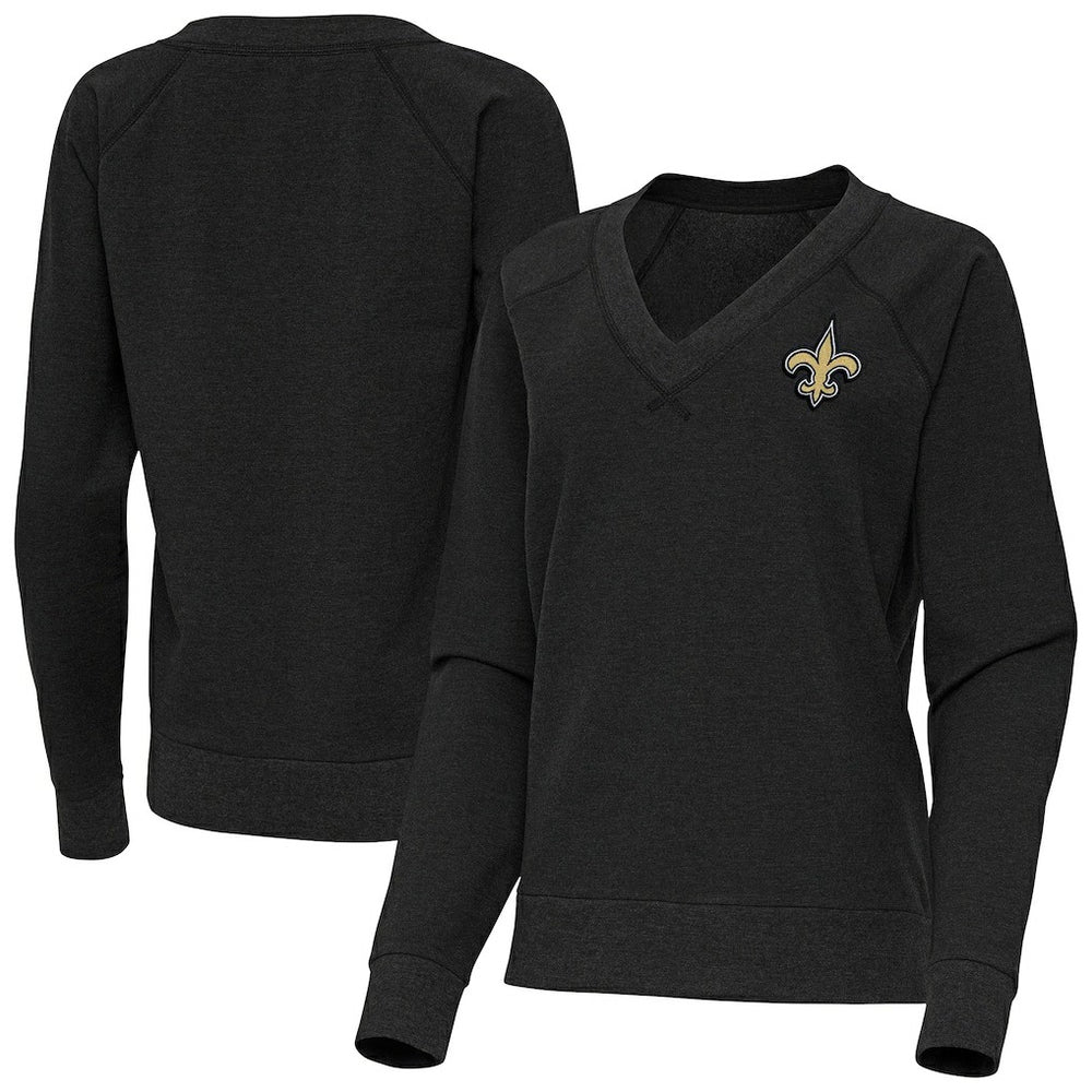 New Orleans Saints Antigua Women's Varsity Tri-Blend V-Neck Long Sleeve T-Shirt Heather Black | NFL