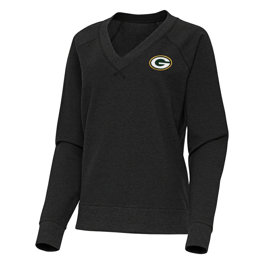 Green Bay Packers Antigua Women's Varsity Tri-Blend V-Neck Long Sleeve T-Shirt Heather Black | NFL