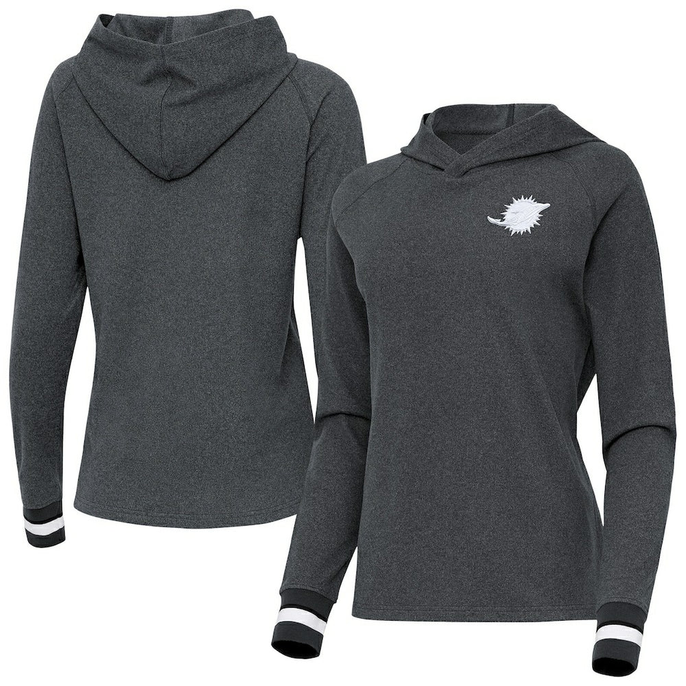 Miami Dolphins Antigua Women's Trek Raglan Pullover Hoodie Heather Charcoal | NFL