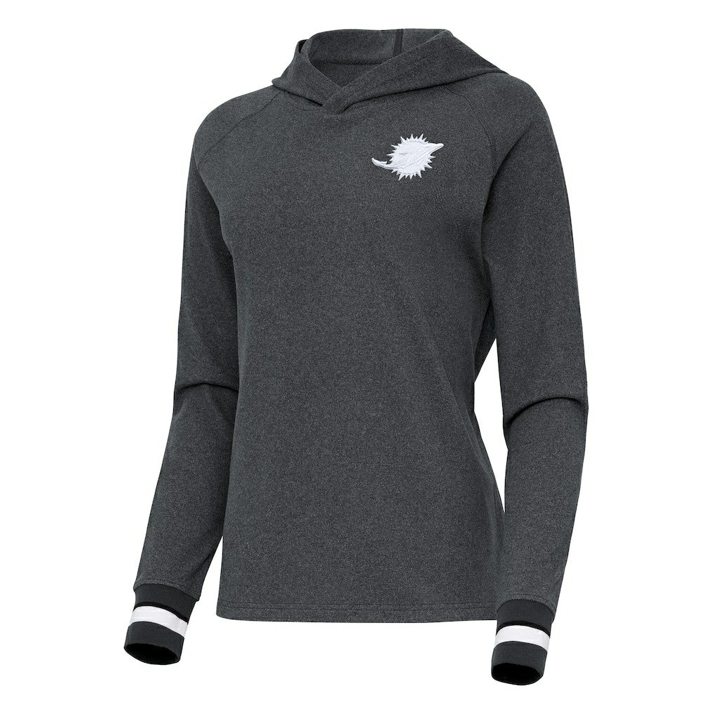 Miami Dolphins Antigua Women's Trek Raglan Pullover Hoodie Heather Charcoal | NFL