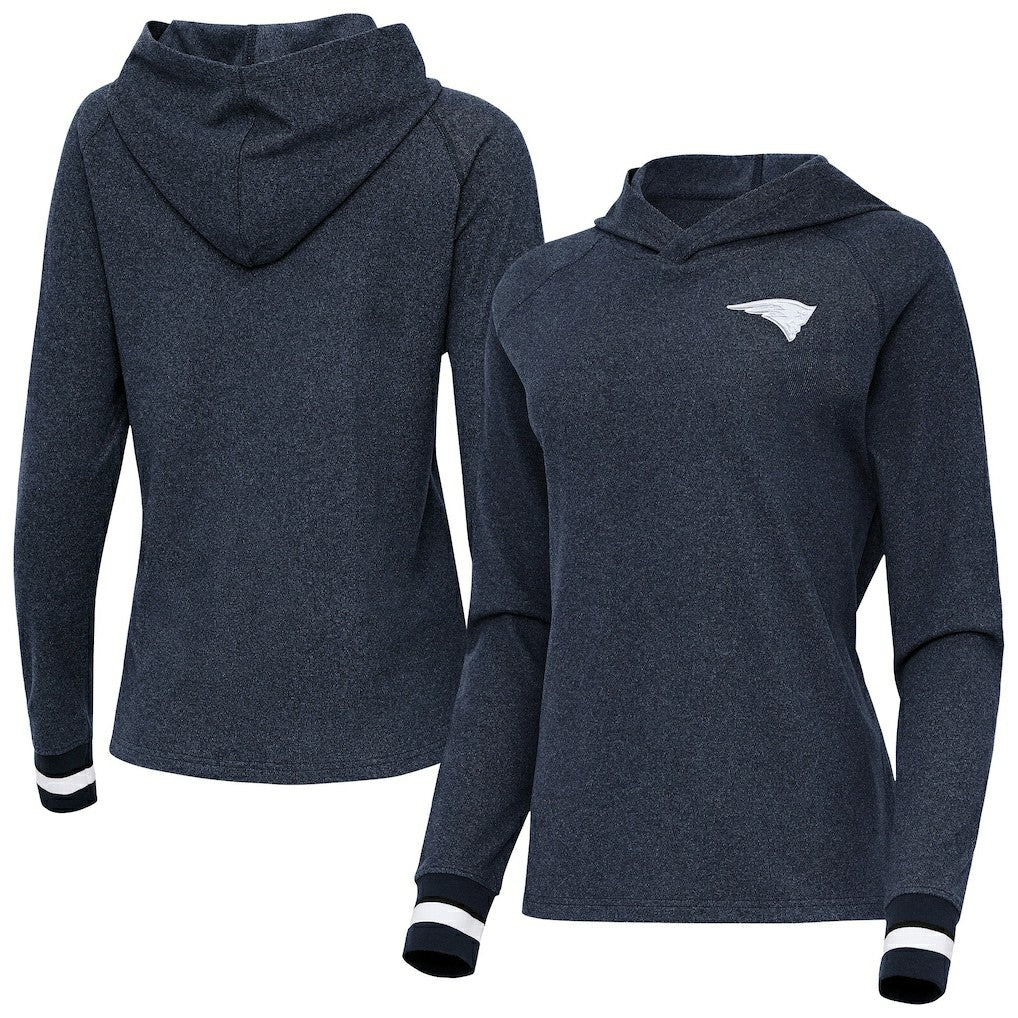 New England Patriots Antigua Women's Trek Raglan Pullover Hoodie Heather Navy | NFL