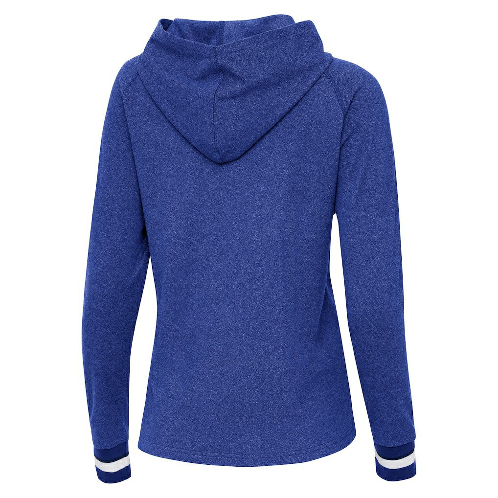 New York Giants Antigua Women's Trek Raglan Pullover Hoodie Heather Royal | NFL