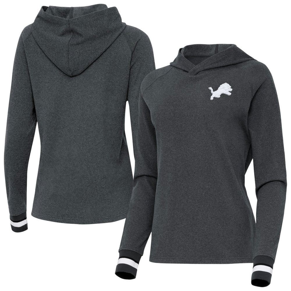 Detroit Lions Antigua Women's Trek Raglan Pullover Hoodie Heather Charcoal | NFL