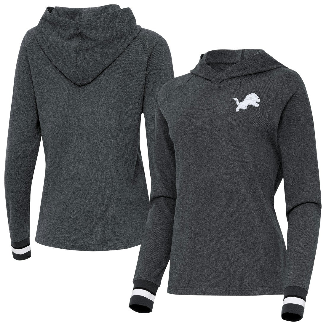 Detroit Lions Antigua Women's Trek Raglan Pullover Hoodie Heather Charcoal | NFL