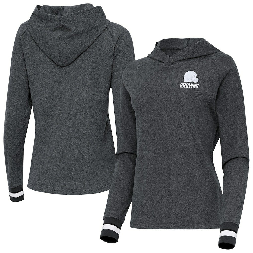 Cleveland Browns Antigua Women's Trek Raglan Pullover Hoodie Heather Charcoal | NFL