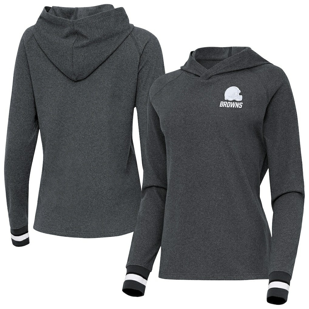 Cleveland Browns Antigua Women's Trek Raglan Pullover Hoodie Heather Charcoal | NFL