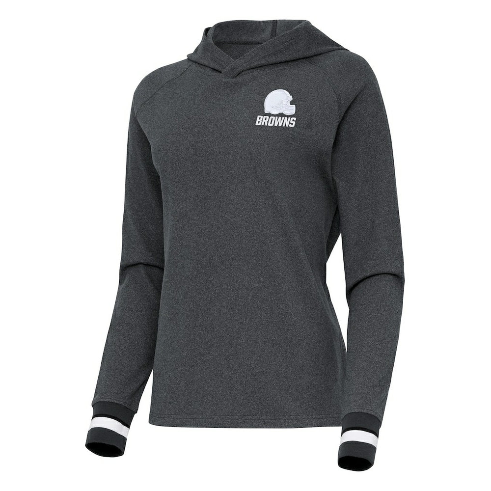 Cleveland Browns Antigua Women's Trek Raglan Pullover Hoodie Heather Charcoal | NFL
