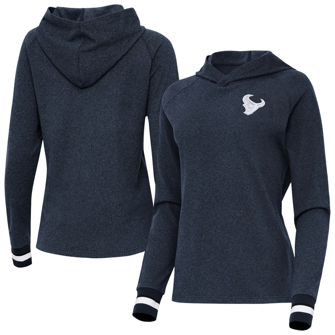 Houston Texans Antigua Women's Trek Raglan Pullover Hoodie Heather Navy | NFL