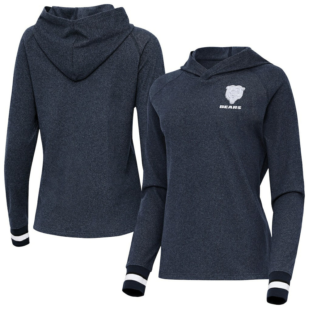 Chicago Bears Antigua Women's Trek Raglan Pullover Hoodie Heather Navy | NFL