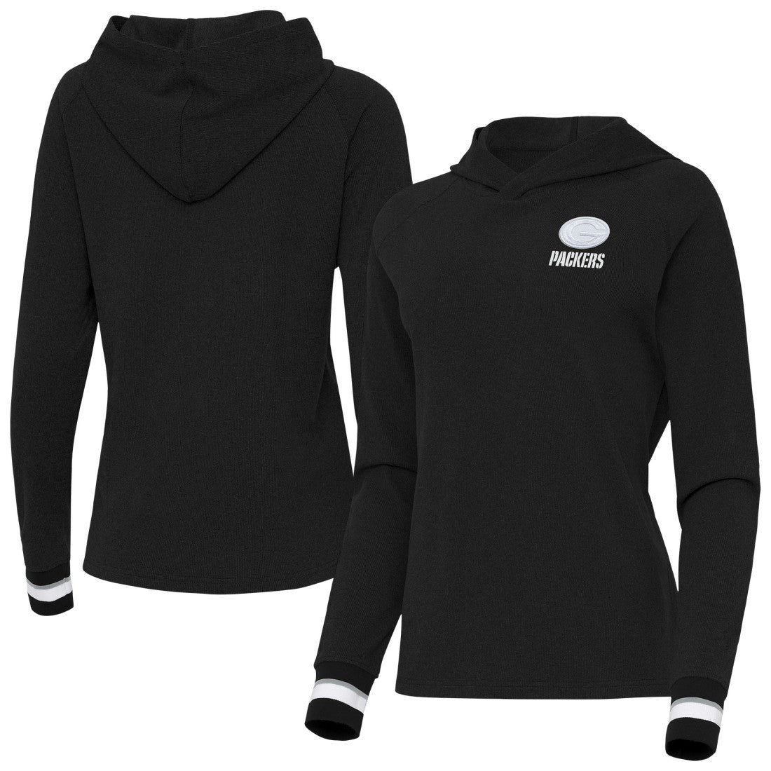 Green Bay Packers Antigua Women's Trek Raglan Pullover Hoodie Black | NFL