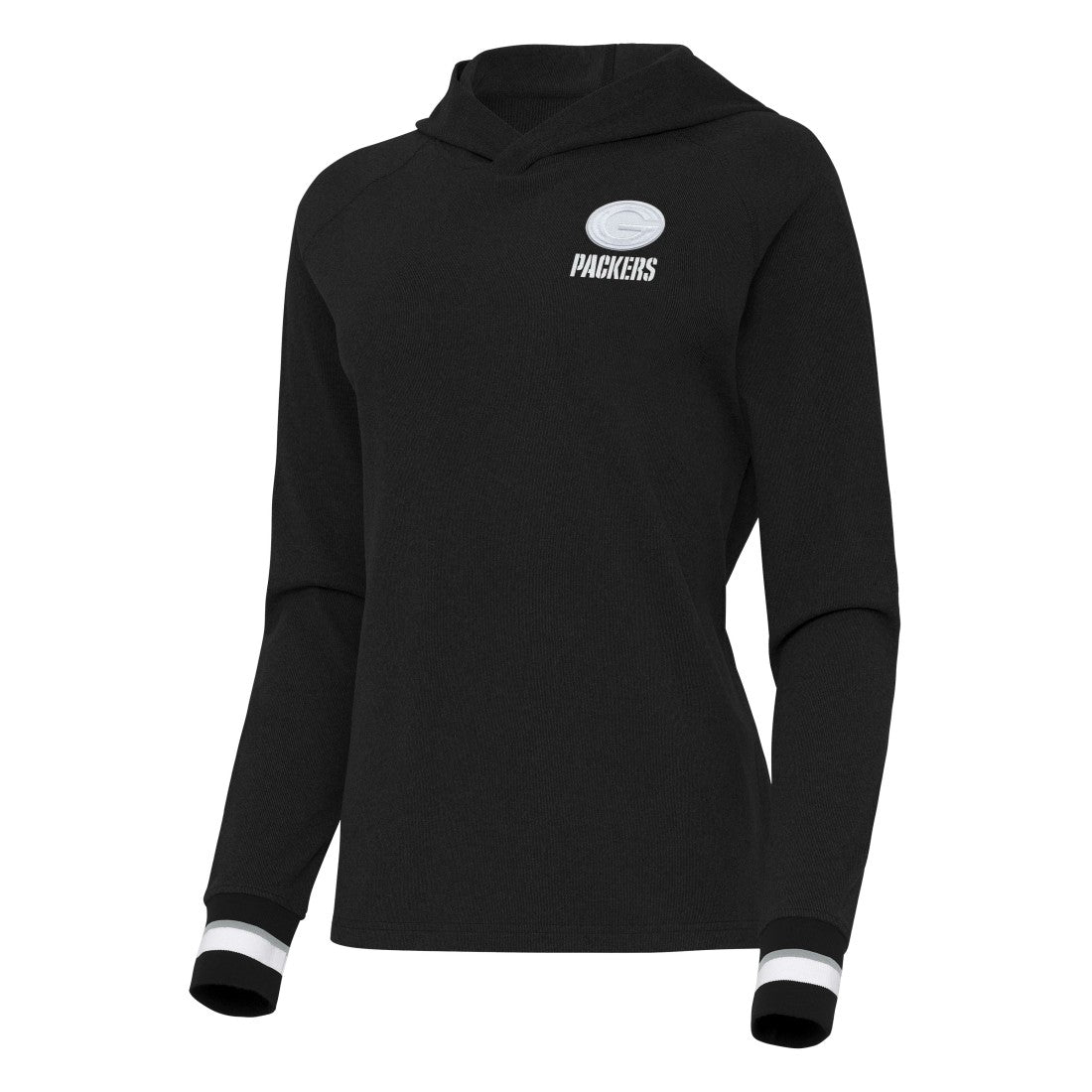 Green Bay Packers Antigua Women's Trek Raglan Pullover Hoodie Black | NFL
