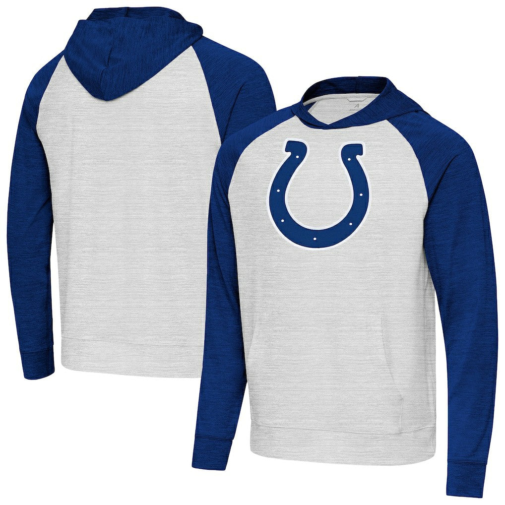 Indianapolis Colts Antigua Urgent Raglan Pullover Hoodie Heather Gray/Heather Royal | NFL