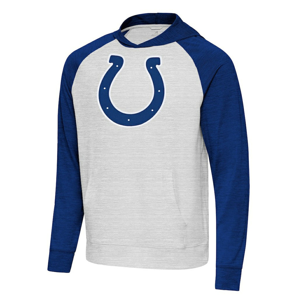 Indianapolis Colts Antigua Urgent Raglan Pullover Hoodie Heather Gray/Heather Royal | NFL