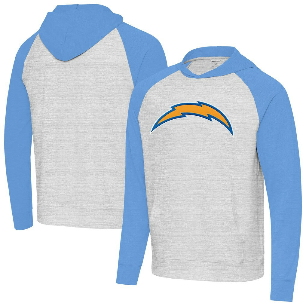 Los Angeles Chargers Antigua Urgent Raglan Pullover Hoodie Heather Gray/Heather Powder Blue | NFL