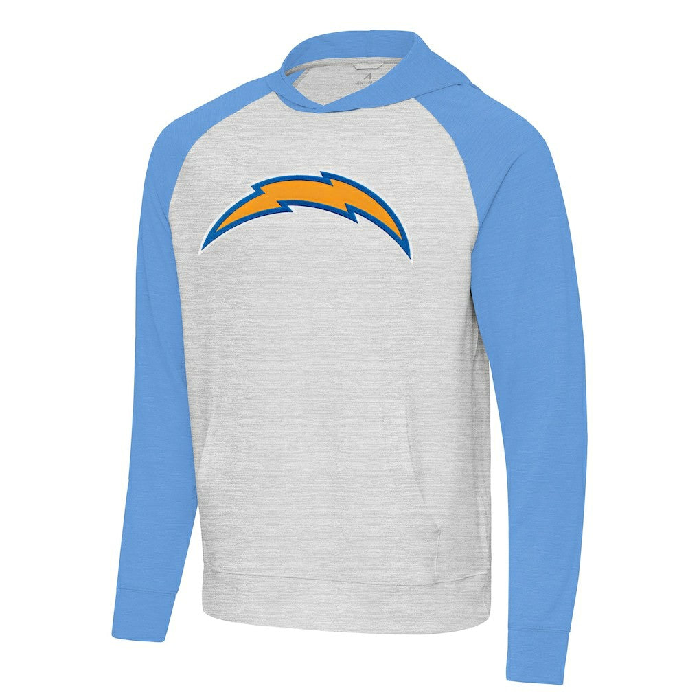 Los Angeles Chargers Antigua Urgent Raglan Pullover Hoodie Heather Gray/Heather Powder Blue | NFL