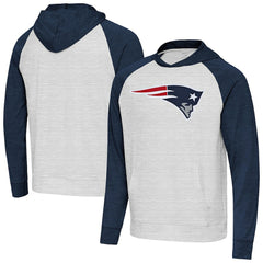 New England Patriots Antigua Urgent Raglan Pullover Hoodie Heather Gray/Heather Navy | NFL