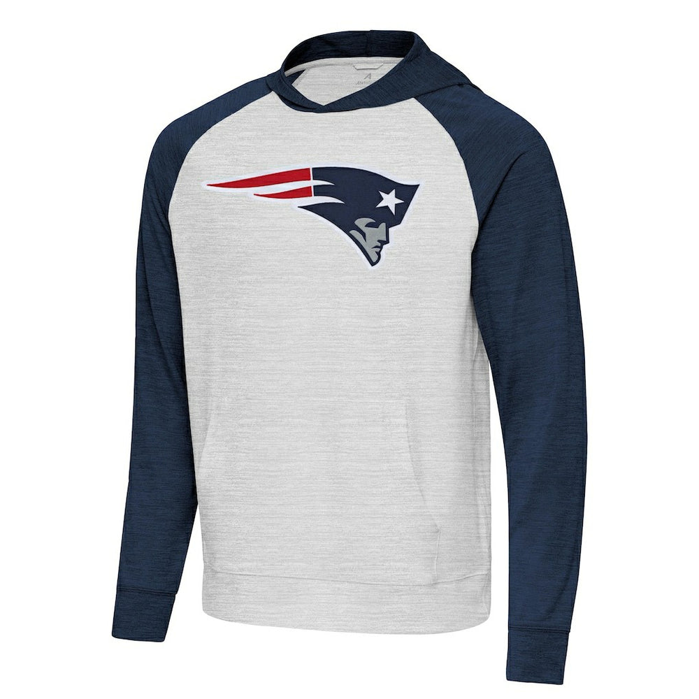 New England Patriots Antigua Urgent Raglan Pullover Hoodie Heather Gray/Heather Navy | NFL