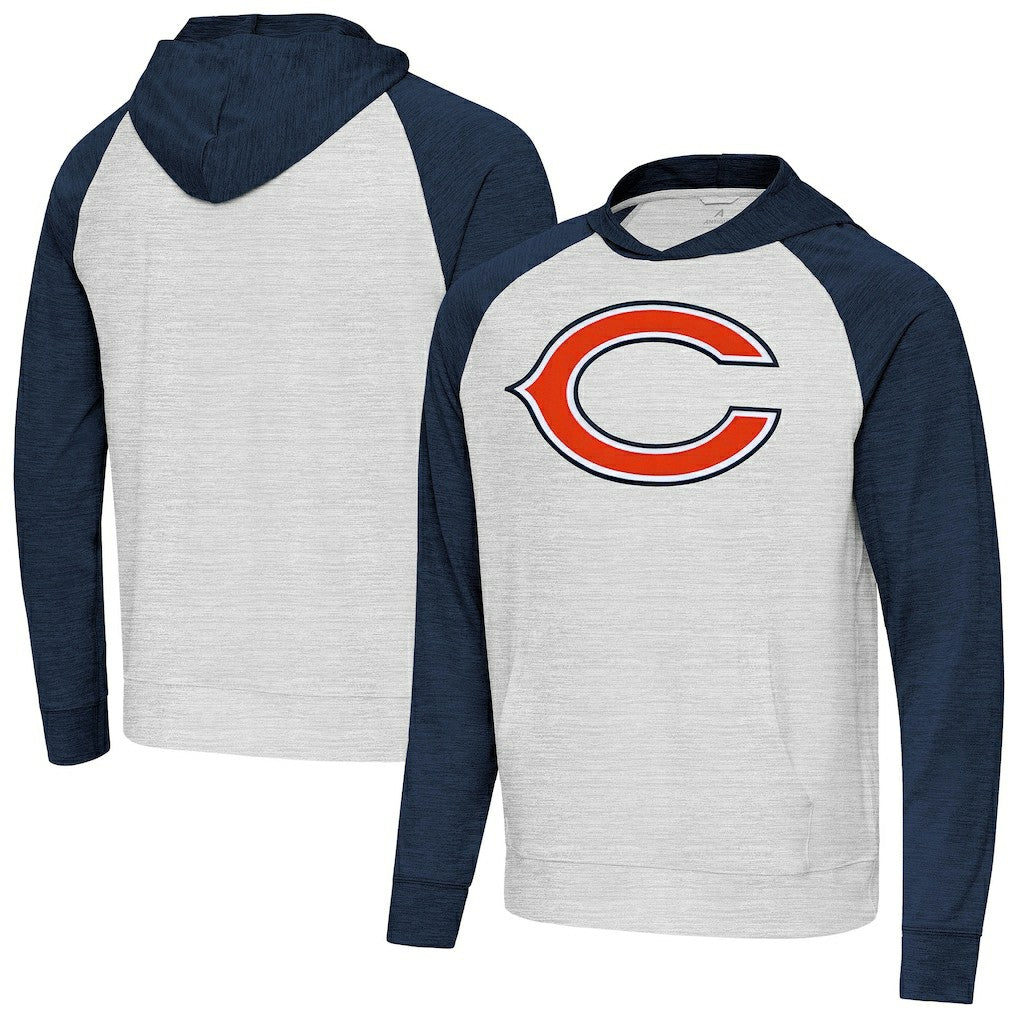 Chicago Bears Antigua Urgent Raglan Pullover Hoodie Heather Gray/Heather Navy | NFL