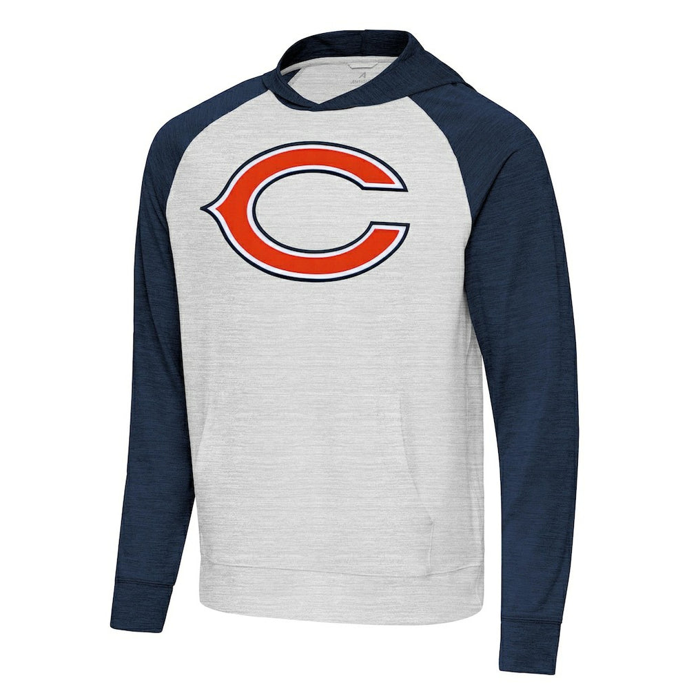 Chicago Bears Antigua Urgent Raglan Pullover Hoodie Heather Gray/Heather Navy | NFL
