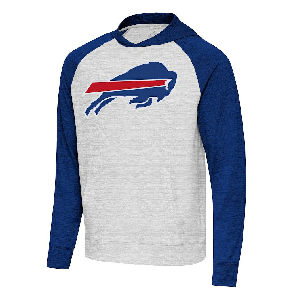 Buffalo Bills Antigua Urgent Raglan Pullover Hoodie Heather Gray/Heather Royal | NFL