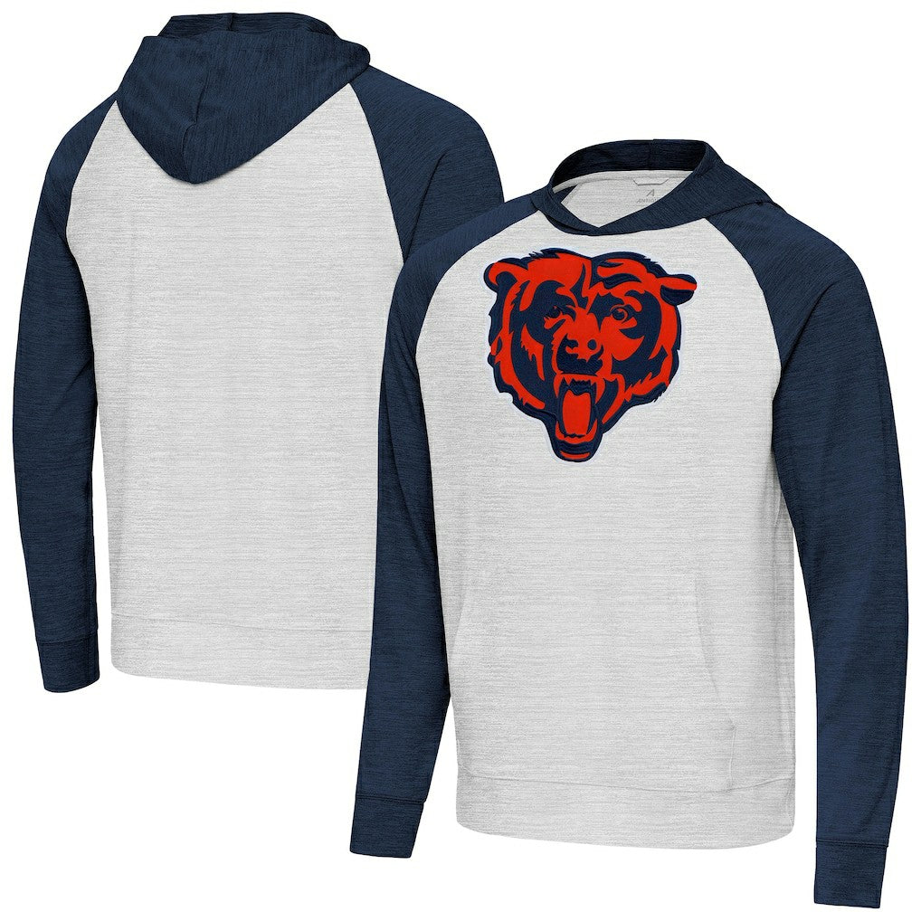 Chicago Bears Antigua Urgent Raglan Pullover Hoodie Heather Gray/Heather Navy | NFL