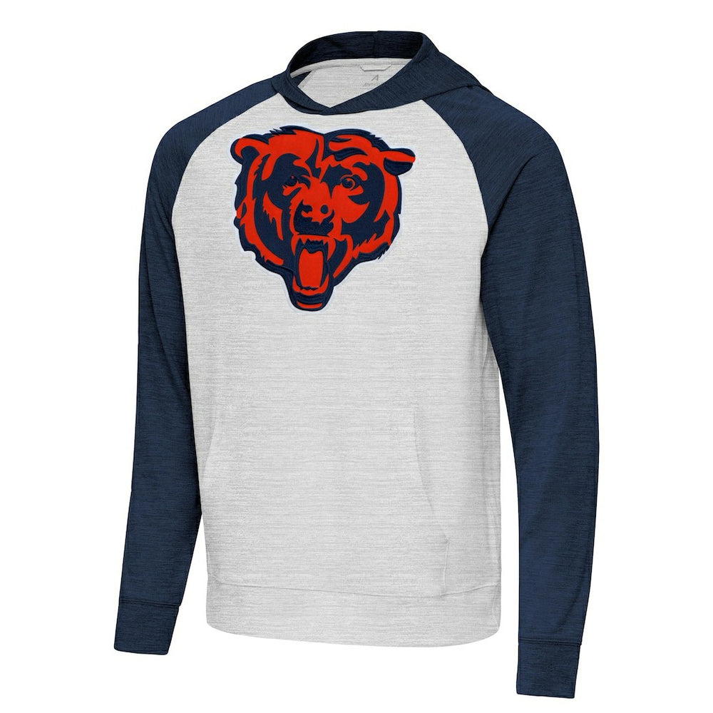 Chicago Bears Antigua Urgent Raglan Pullover Hoodie Heather Gray/Heather Navy | NFL
