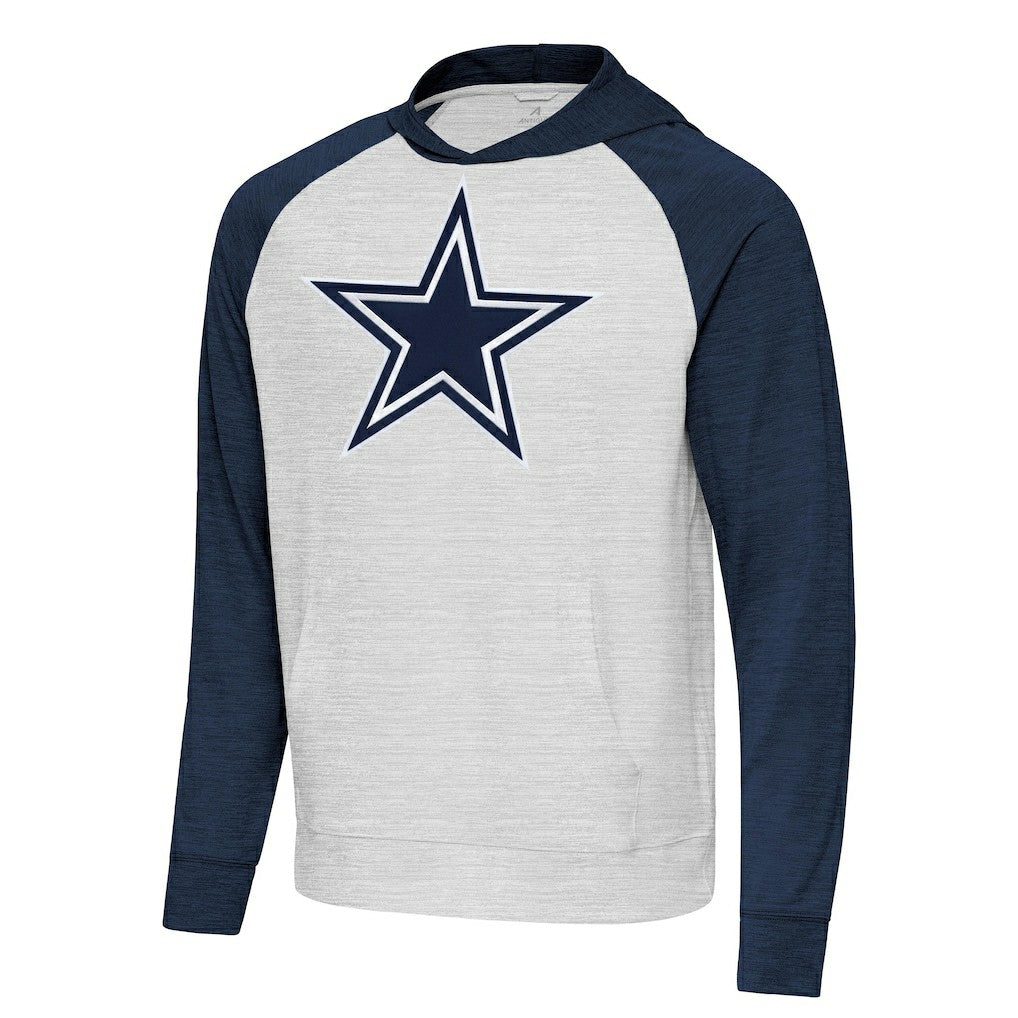 Dallas Cowboys Antigua Urgent Raglan Pullover Hoodie Heather Gray/Heather Navy | NFL