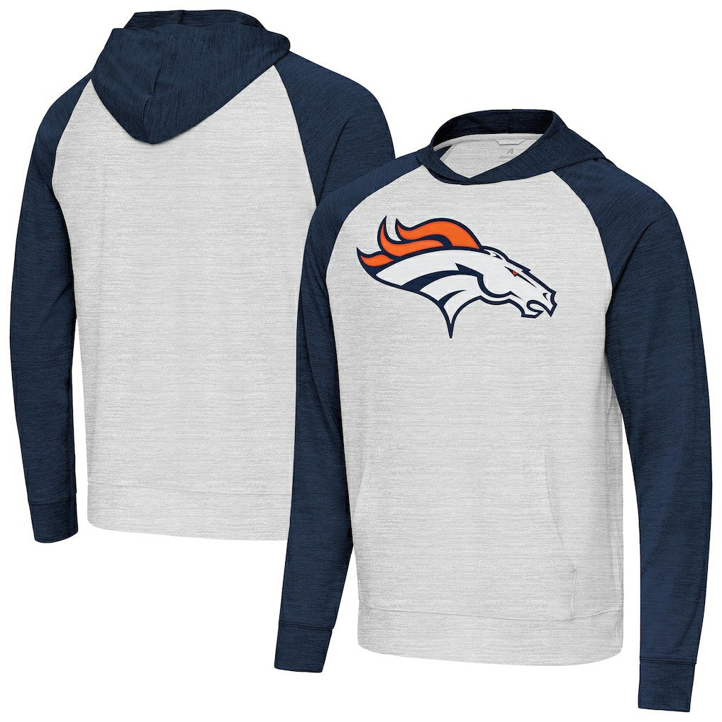 Denver Broncos Antigua Urgent Raglan Pullover Hoodie Heather Gray/Heather Navy | NFL