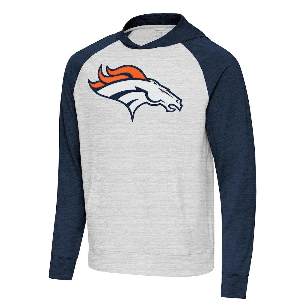 Denver Broncos Antigua Urgent Raglan Pullover Hoodie Heather Gray/Heather Navy | NFL