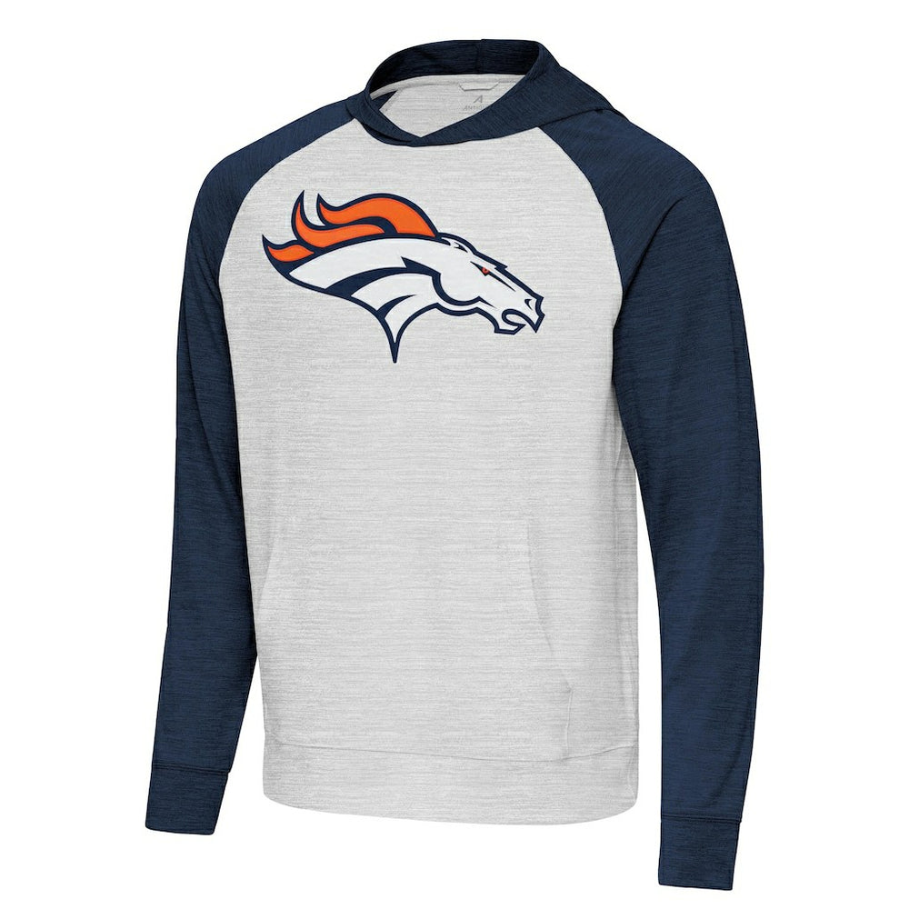 Denver Broncos Antigua Urgent Raglan Pullover Hoodie Heather Gray/Heather Navy | NFL