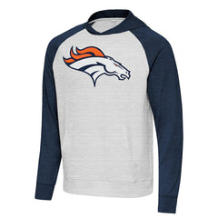 Denver Broncos Antigua Urgent Raglan Pullover Hoodie Heather Gray/Heather Navy | NFL