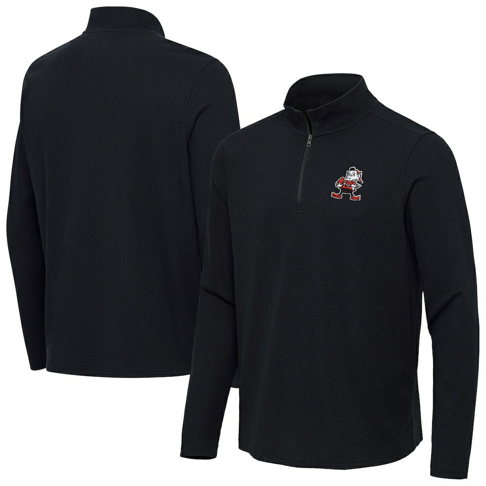 Cleveland Browns Antigua Throwback Sync Tri-Blend Quarter-Zip Pullover Heather Black | NFL