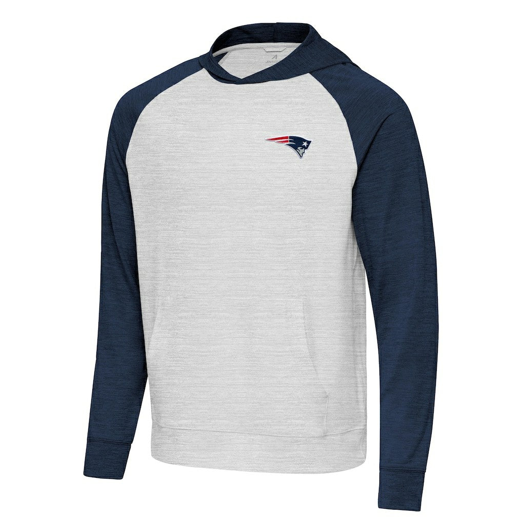 New England Patriots Antigua Urgent Pullover Hoodie Heather Navy/Gray | NFL