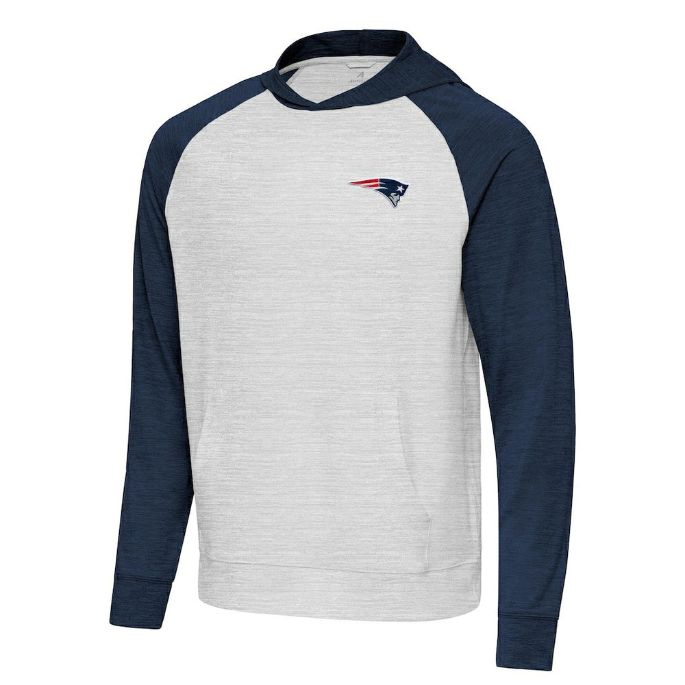 New England Patriots Antigua Urgent Pullover Hoodie Heather Navy/Gray | NFL