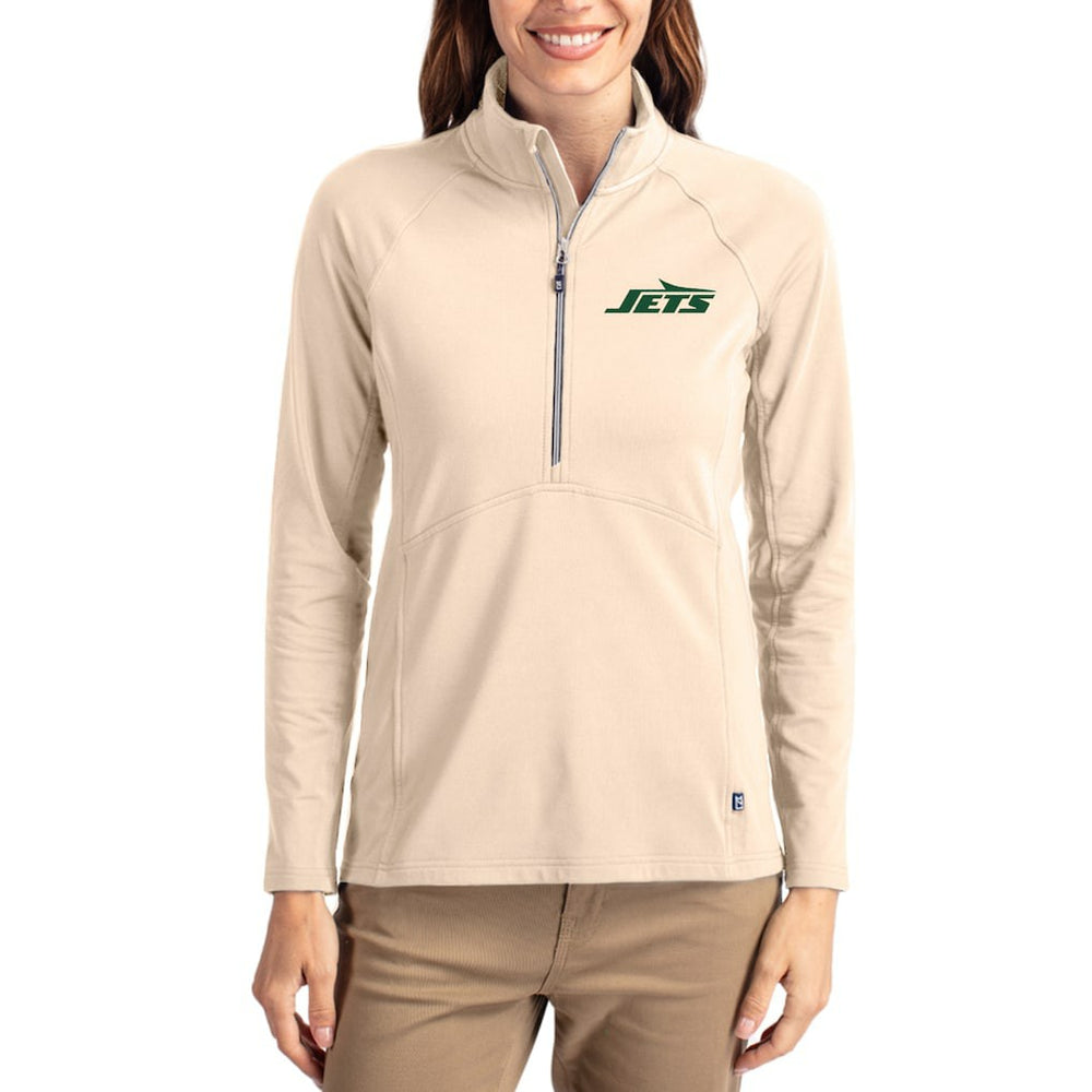 New York Jets Cutter & Buck Women's Adapt Eco Knit Stretch Recycled Raglan Half-Zip Pullover Tan | NFL
