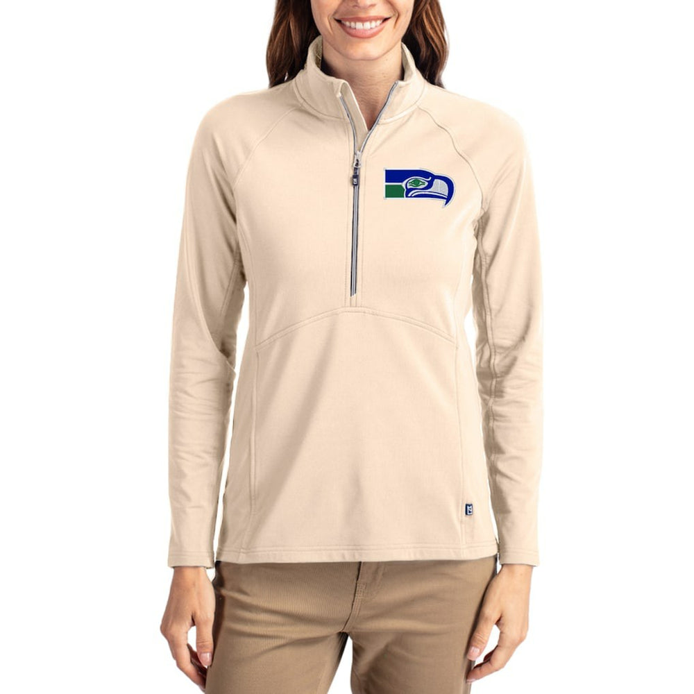 Seattle Seahawks Cutter & Buck Women's Throwback Adapt Eco Knit Stretch Recycled Raglan Half-Zip Pullover Tan | NFL