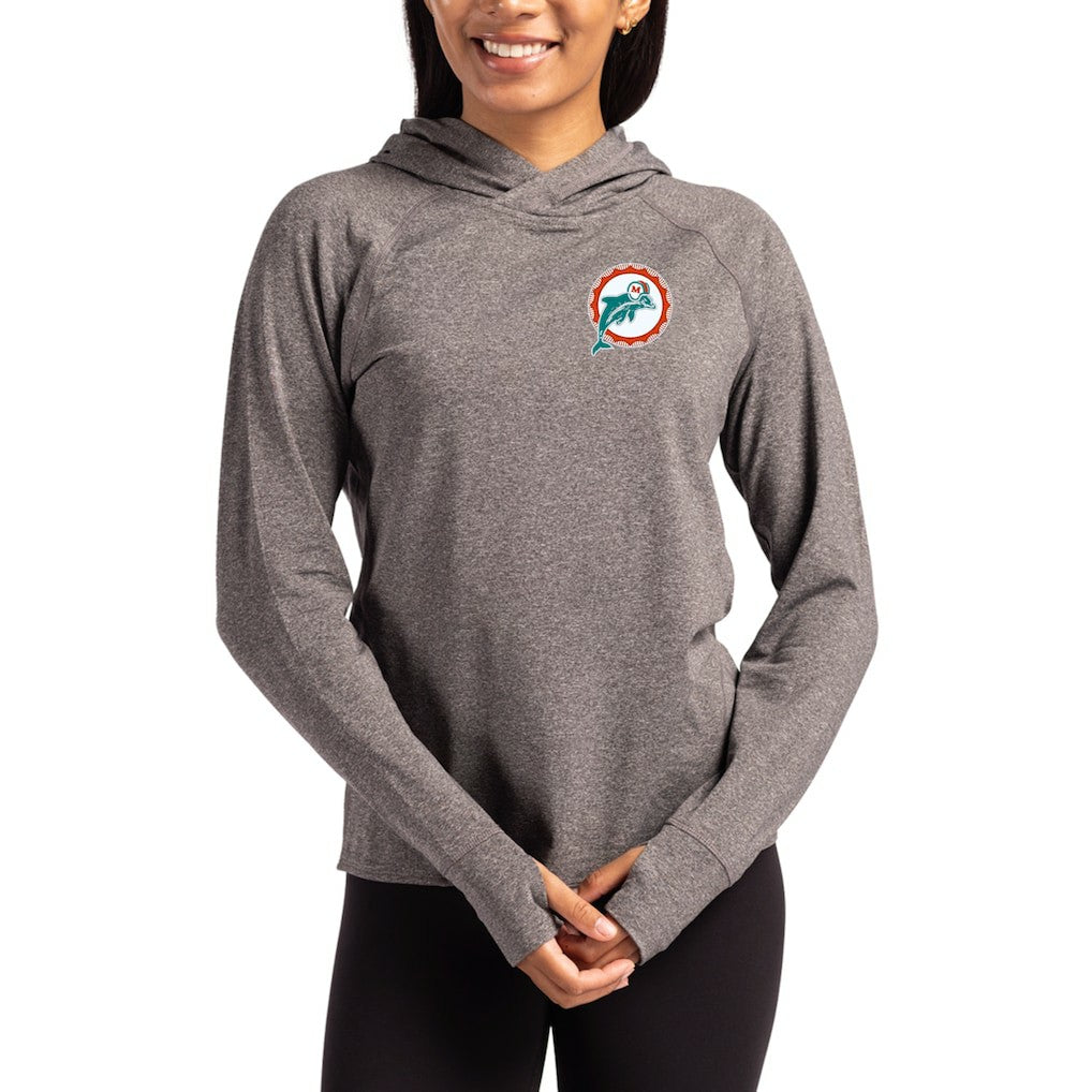 Miami Dolphins Cutter & Buck Women's Throwback Logo Adapt Knit Recycled Raglan Pullover Hoodie Heather Charcoal | NFL