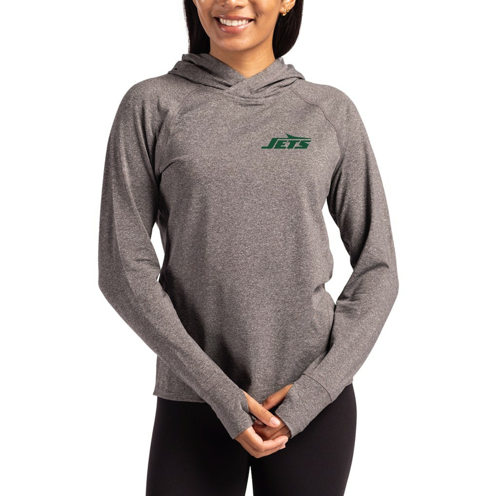 New York Jets Cutter & Buck Women's Primary Logo Adapt Knit Recycled Raglan Pullover Hoodie Heather Charcoal | NFL