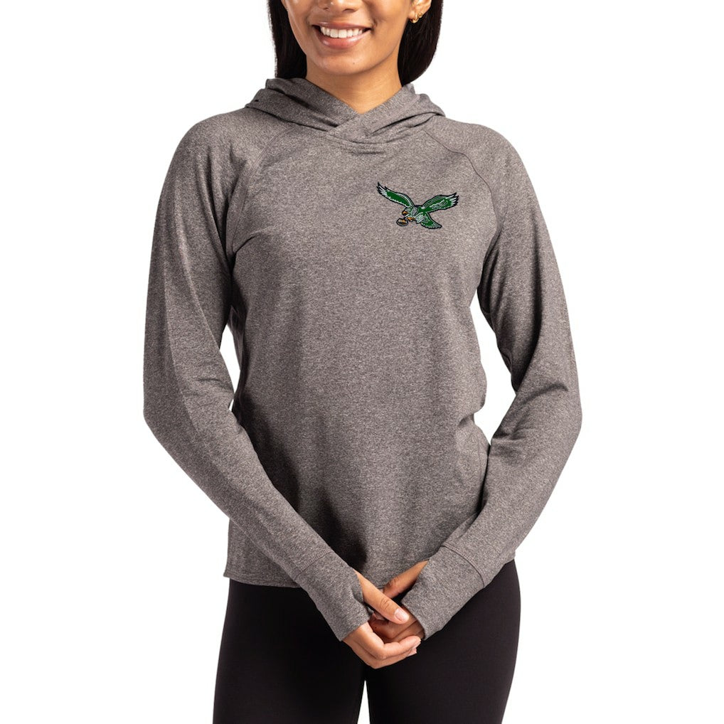 Philadelphia Eagles Cutter & Buck Women's Throwback Logo Adapt Knit Recycled Raglan Pullover Hoodie Heather Charcoal | NFL