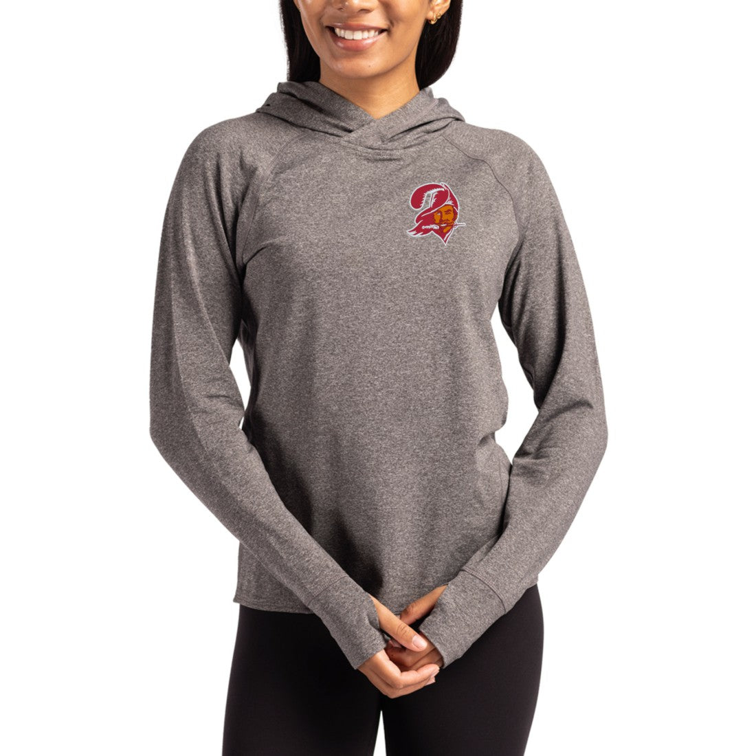 Tampa Bay Buccaneers Cutter & Buck Women's Throwback Logo Adapt Knit Recycled Raglan Pullover Hoodie Heather Charcoal | NFL