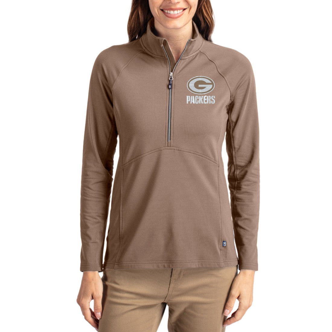 Green Bay Packers Cutter & Buck Women's Tonal Adapt Eco Knit Stretch Recycled Raglan Half-Zip Pullover Brown | NFL