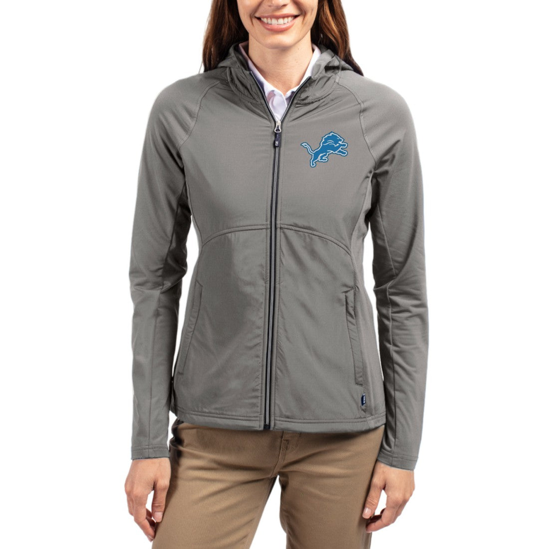 Detroit Lions Cutter & Buck Women's Adapt Eco Knit Hybrid Recycled Raglan Full-Zip Hoodie Jacket Gray | NFL
