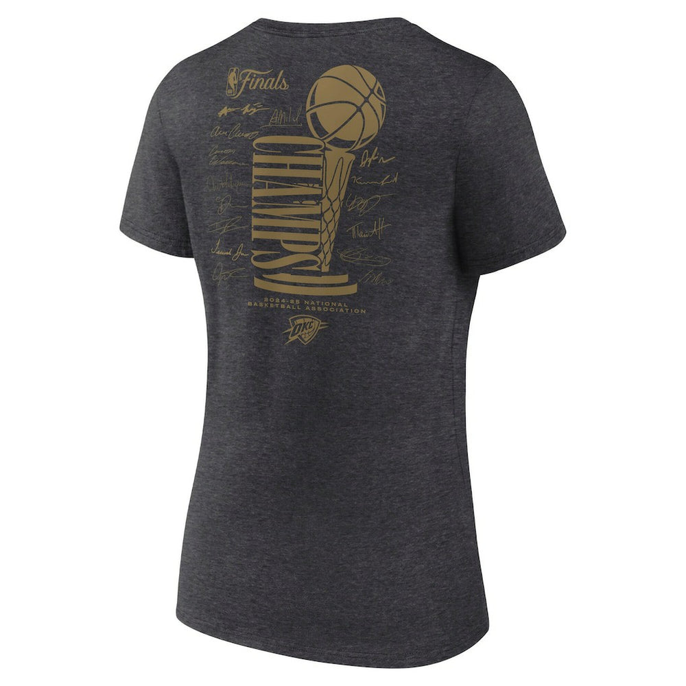 Oklahoma City Thunder Women's 2025 NBA Finals Champions Double Dribble V-Neck T-Shirt Heather Charcoal - NBA