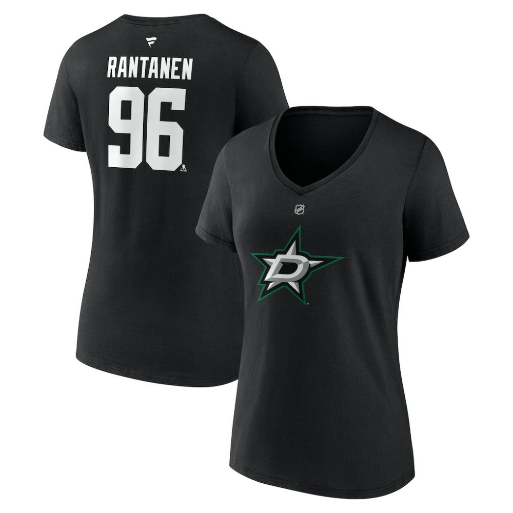 Mikko Rantanen Dallas Stars Fanatics Women's Authentic Stack Name & Number V-Neck T-Shirt - Black - NHL